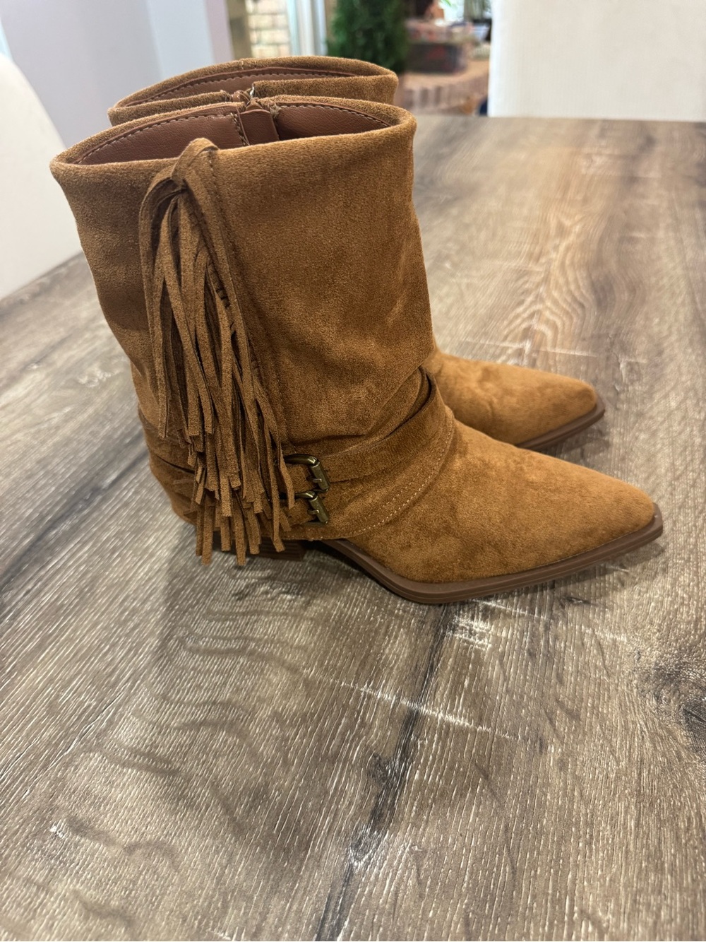 Fringed Suede Ankle Booties in Tan